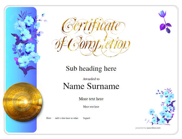 Bright blue flower design graphic on this blank completion certificate template