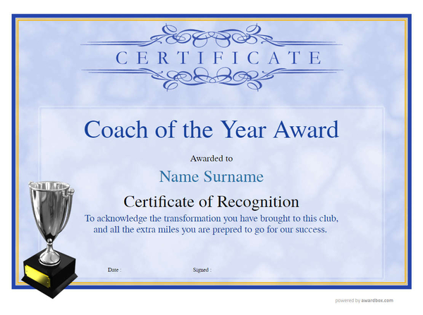 Certificate of Recognition template for Coach of the year with blue parchment background and large silver trophy. Download as PDF