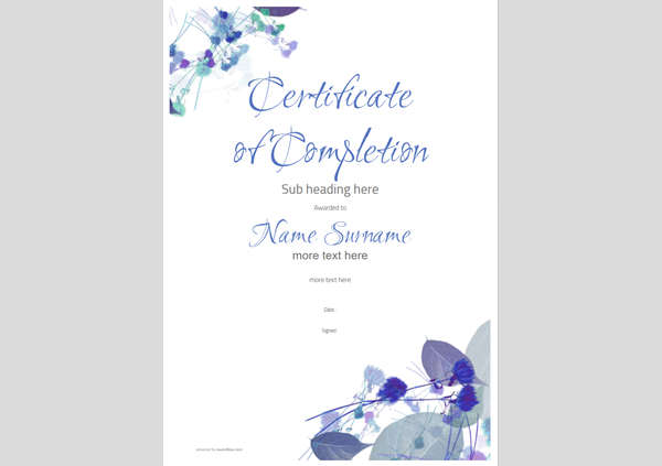 Strong blue theme, portrait format certificate of completion template with organic leaf design