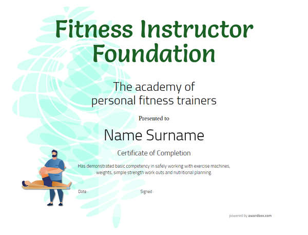 Fitness instructor foundation completion course certificate with pale green graphical leaf pattern