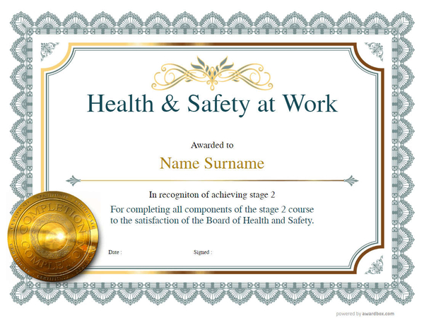 Vintage style blue grey background with large gold medallion Recognition certiicate template for achieving a stage in Health and Safety