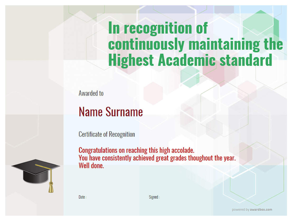 Highest Academic Standard modern style Certificate of Recognition Template with mortarboard hat decoration