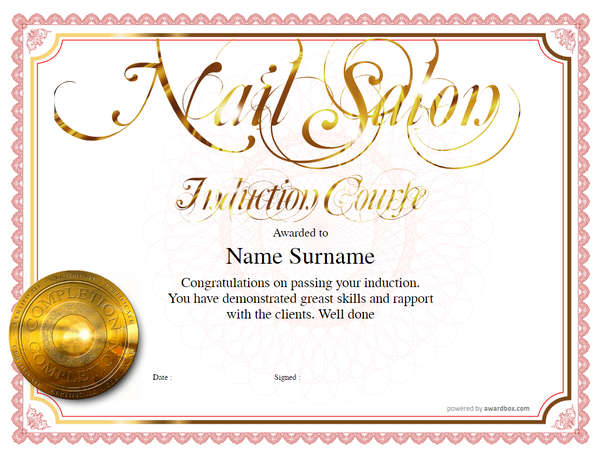 Nail salon induction certificate of completion with large swirly gold lettering - template
