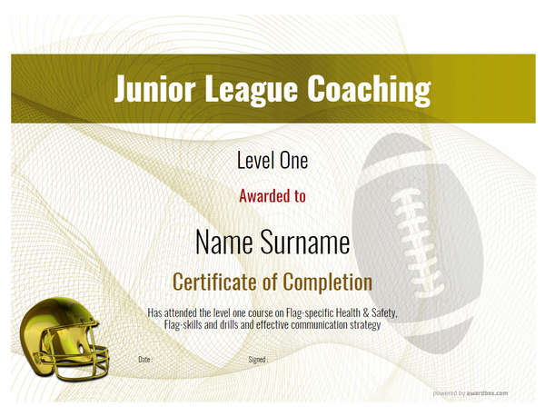 Junior league Coaching course certificate with gold helemet decoration and football - yellow