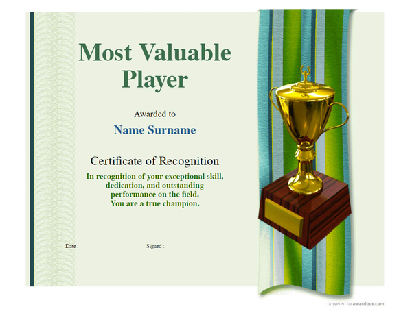 Very bold green recognition certificate template for Most Valuable Player with ribbon and large silver trophy - editable online