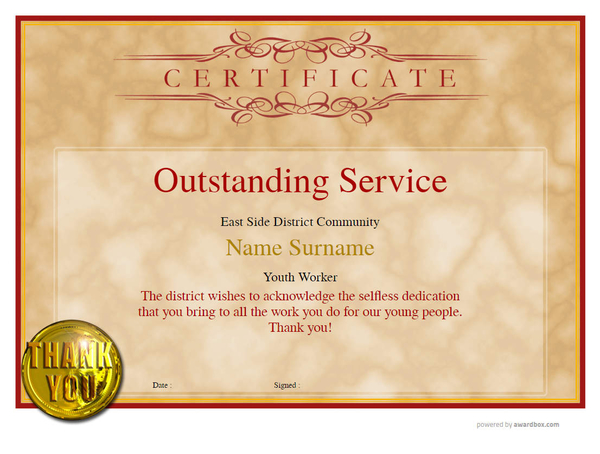 For recognizing outstanding service certifiacete template, editable online and download and printable from PDF