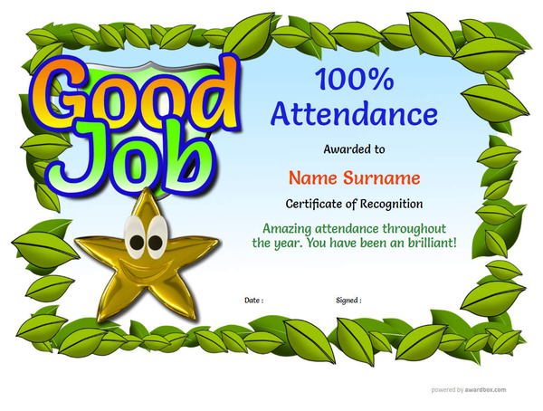 A fun Certificate of Recognition leafy design in strong colors for Attendance