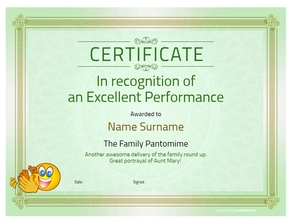 Green textured background Recognition Certificate titled Outstanding Performance for PDF download