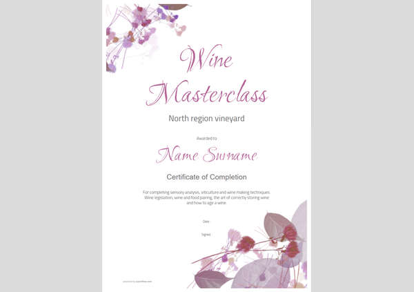 Wine masterclass course certificate of completion template with leafy design