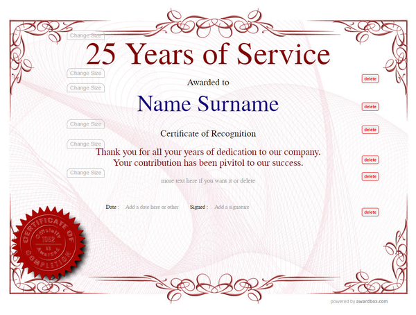 Traditional Certificate of Recognition style template with ornate border decoration. Suitable for retirement or volunteer awards