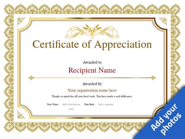 Traditional template design Appreciation Certificate with vinatge border. Create with our online certificate maker