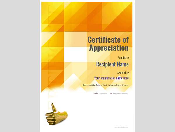 Strong gold orange modern design portrait format Certificate Template to recognise your Appreciation. PDF download