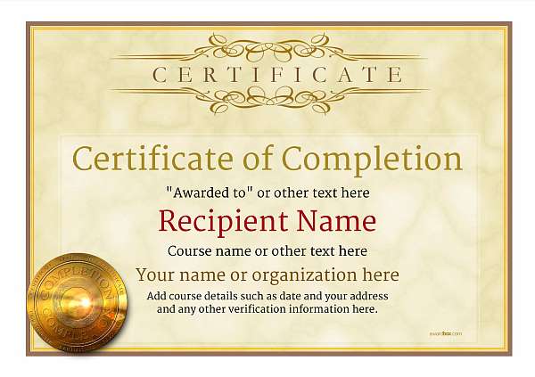 Traditional design certificate of completion template with large gold medallion and yellow parchment background