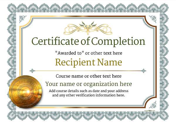 completion certificate template themed with vintage style border and gold inlay border