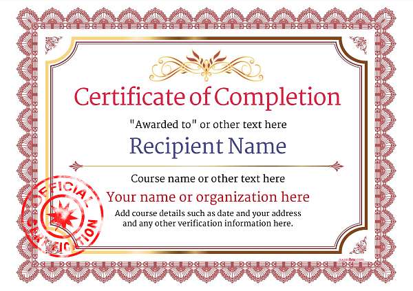 landscape format certificate of completion in red theme featuring reed rubber stamp