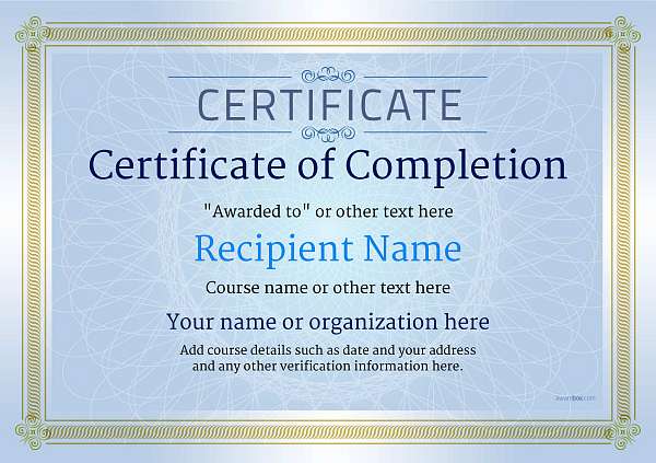 Traditional certificate of completion with gold braid border on blue background - printable