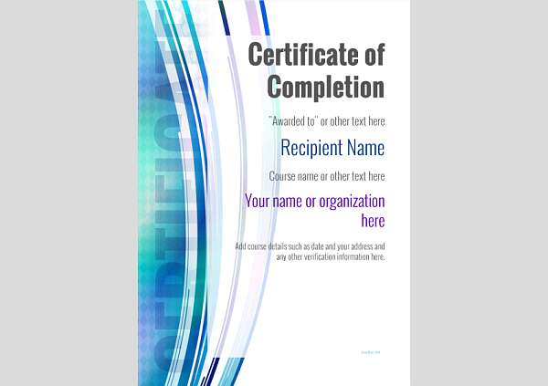 modern style upright format certificate of completion in blue. Blank template 