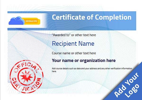 blue certificate template with spirograph style background and red rubber stamp style decoration