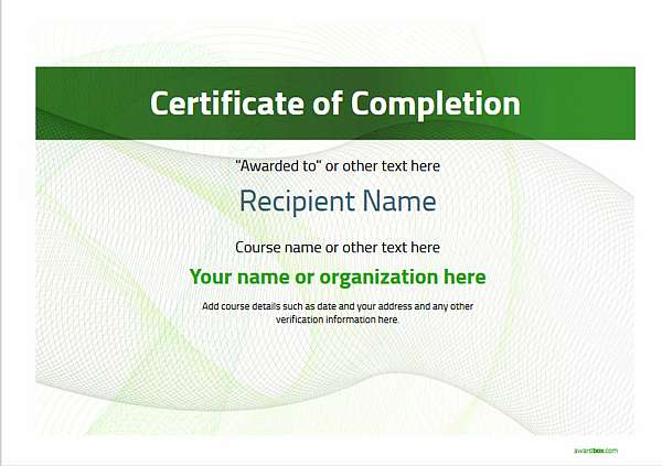 completion certificate template in green with financial feel background
