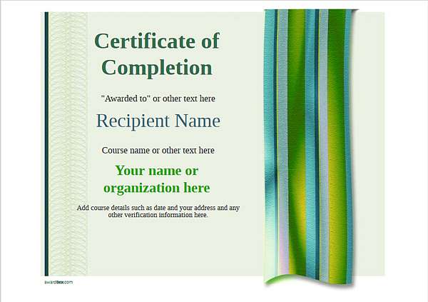 simple vertical green ribbon design completion certificate template - printable