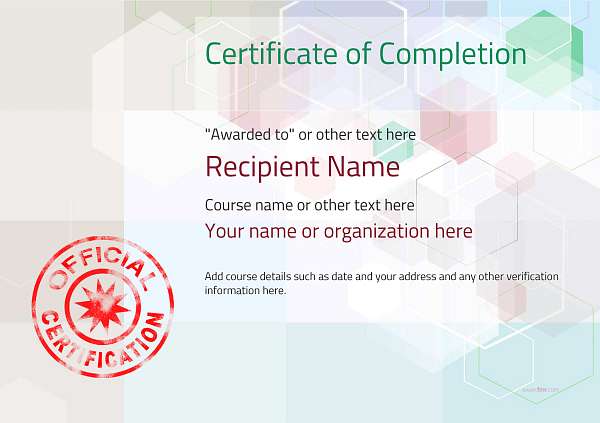 clean style background for this certificate of completion with red stlye rubber stamp decoration
