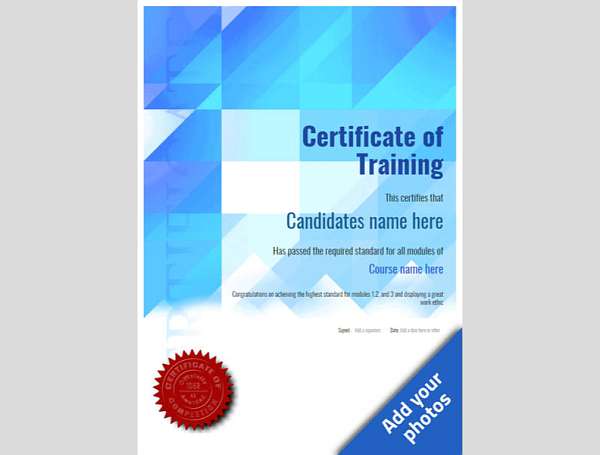 Upright design in modern style certificate of training on blue background with stamp Image