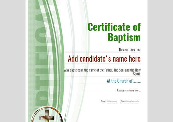portrait format modern certificate of baptism in green with cross medallion Image