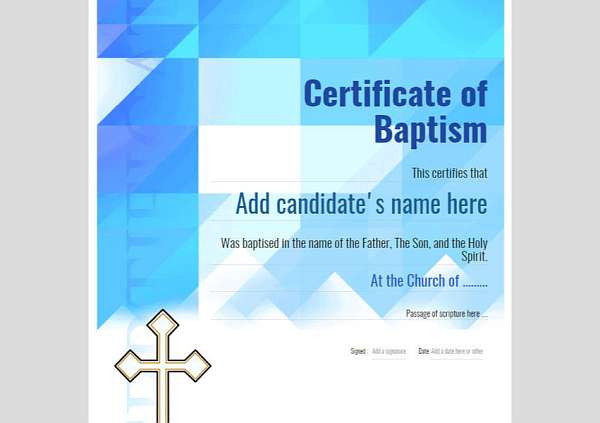 Upright design in modern style certificate of baptism on green background with line cross Image