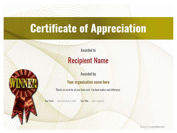 A modern spirograph designed Certificate of Appreciation editable template, predominently yellow