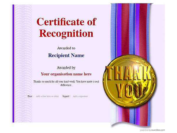 Large well done gold medal Certificate of Recogniton on colorful ribbon with purple template fill background 