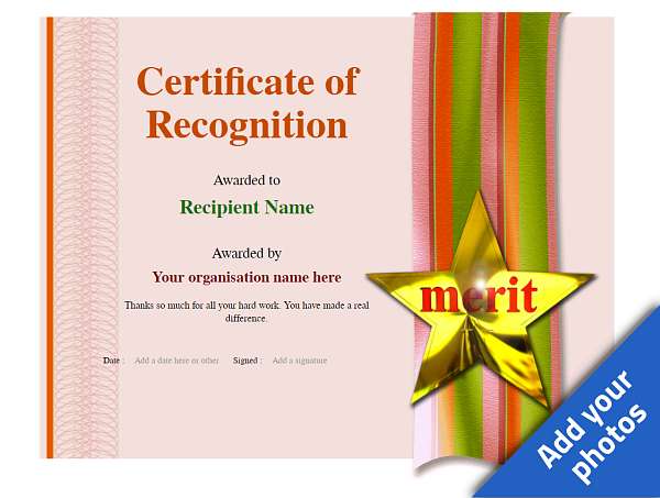 Big bold gold star on orange ribbon for this Recognition Certificate with orange background fill template. 