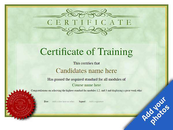 a green certificate of training design template with completion seal Image