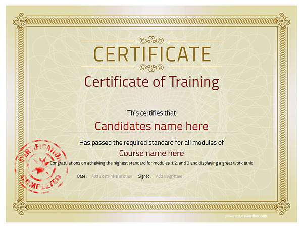 training certificate in classic style with certified stamp