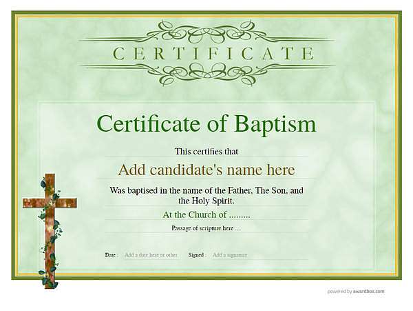 a green certificate of baptism design template with wooden-cross Image