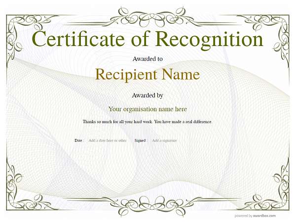 Traditional Certificate of Recognition style template with ornate border decoration. Suitable for retirement or volunteer awards