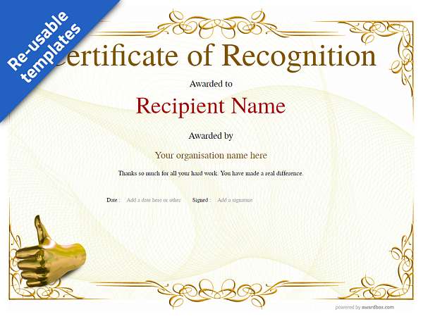 Predominently yellow design Certificate of Recognition Template in vintage styling. Editable and download as PDF