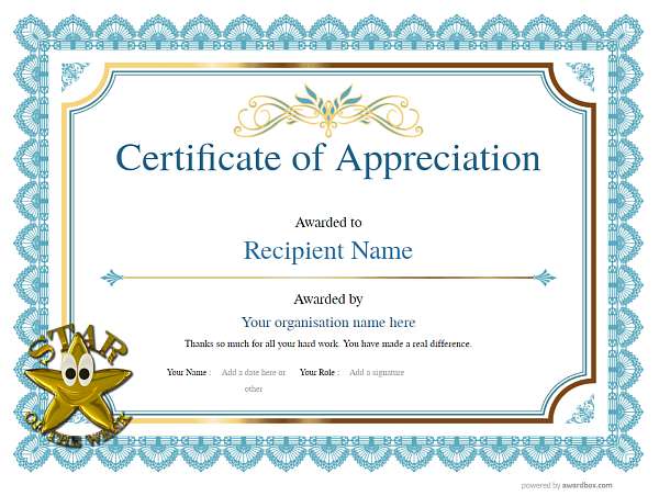 Classic style Certificate of Appreciation template with strong ornate blue border