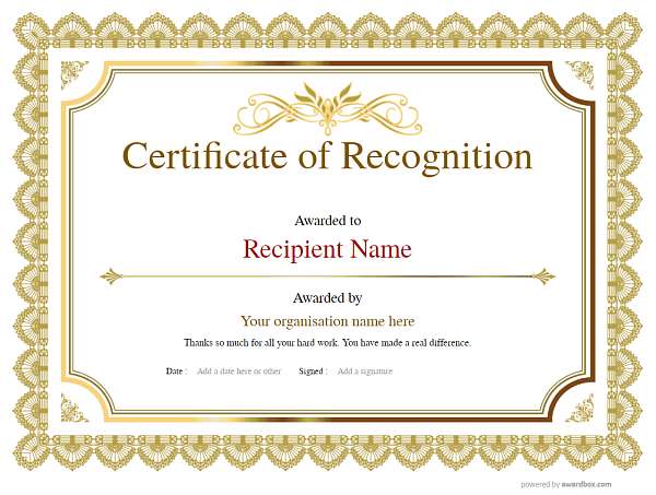 Free Certificate of Recognition template downloads. Easy online editing