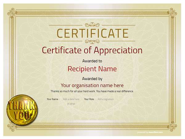 Muted gold design certificate template for Appreciation with parchment background.