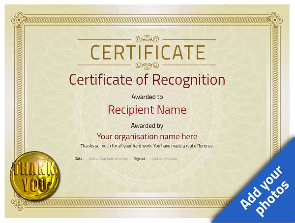 Parchment style background Recognition Certificate with Thank You medal for PDF download