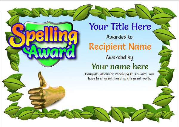 junior certificate template spelling award Image